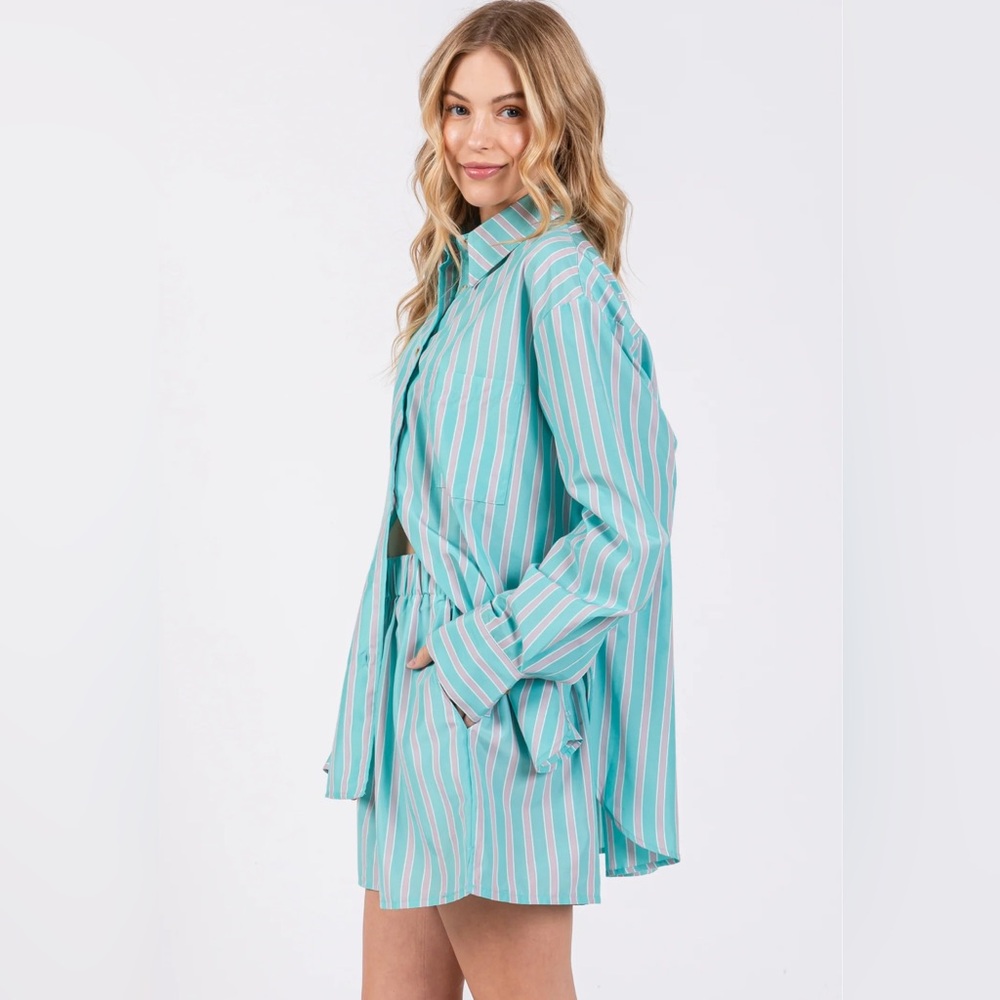 MABLE Aqua Striped Button Down Top & Short 2 Pc Set M Loungewear Fisherman